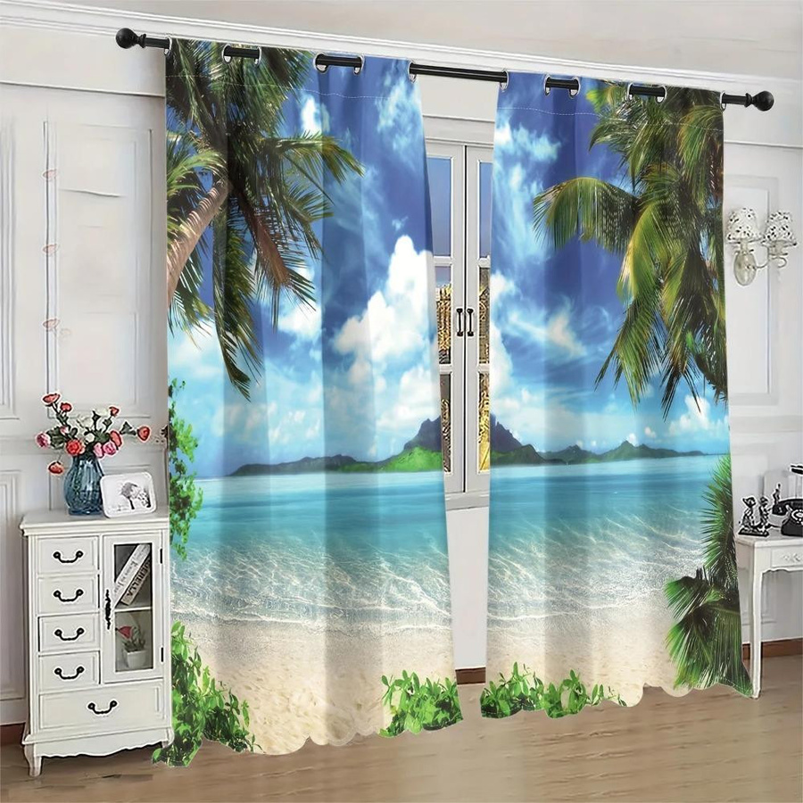 Yiran Furniture Vorhang Set mit Sommer Frühlingslandschaft Baum Wald Fluss Wasserfall Muster, 2 Stück, halbtransparent, Multicolor, B: 140 cm, H: 160 cm - Bild 1