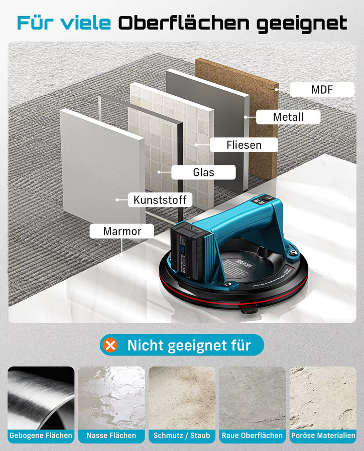 Seesii 2er Set Elektrische Vakuum-Saugnäpfe 8 Zoll mit intelligenter Anzeige und 4 Batterien für Keramik und Glas bis 200kg - Bild 6