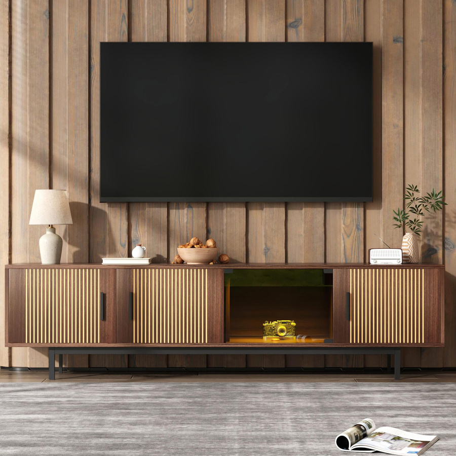 Modernes TV-Lowboard von GL Store mit LED-Beleuchtung und 3 Türen mit geschnitzter Textur in Naturfarbe, B/T/H: 200 x 35 x 53 cm - Bild 2