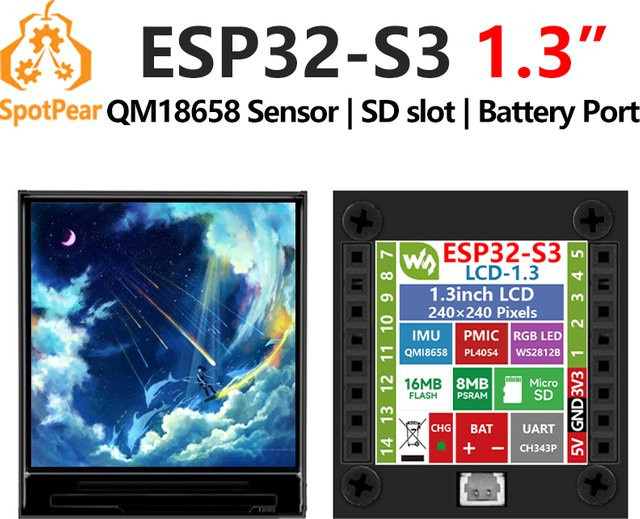 Spotpear ESP32-S3 Mini LCD Display mit 1,3 Zoll ST7789 Bildschirm, 240x240 Auflösung, SD-Port und QMI8658 Gyro Sensor in Schwarz - Bild 1