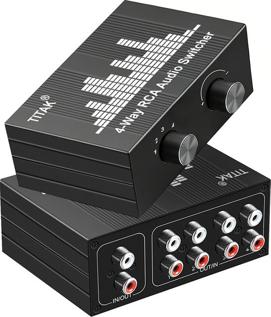 TITAK 4-Wege bidirektionaler RCA-Stereo-Audioschalter mit 1 Eingang und 4 Ausgängen oder 4 Eingängen und 1 Ausgang in Schwarz und Rot - Bild 1