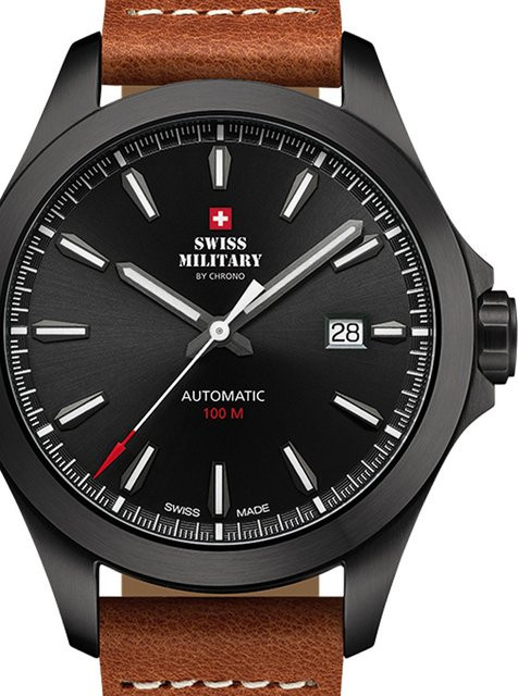 Swiss Military Automatik Herrenuhr, Edelstahl, 42 mm, Leder, Schwarz, 10 ATM - Bild 1