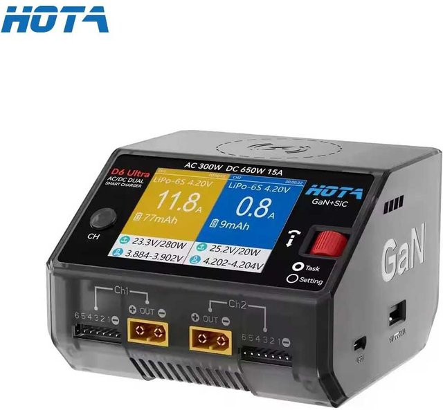 HOTA D6 Ultra AC Zweikanal-Ladegerät mit 300W GaN+SiC und 650W DC für 1-6S Lipo LiHV NiZn Nicd NiMH Akkus in Schwarz mit XT60 Anschluss - Bild 1
