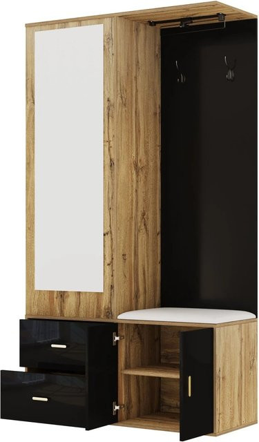 okwish Kleiderschrank Set für den Flur mit Spiegel und Schuhbank in Schwarz, B/T/H: 100 x 38 x 180 cm - Bild 1