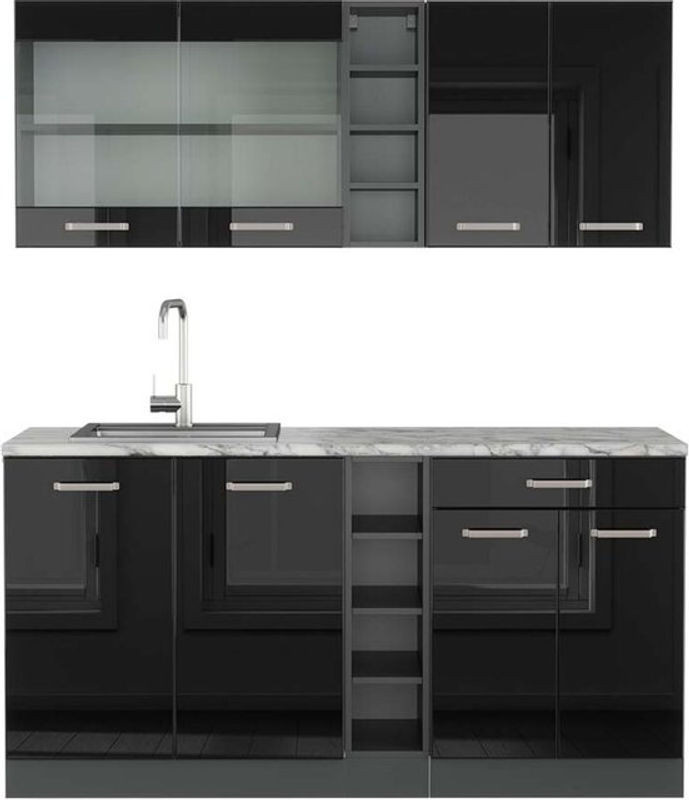 Vicco Singleküche R-Line Küchenzeile in Schwarz Hochglanz und Anthrazit mit Marmor-Optik, Breite: 160 cm - Bild 1