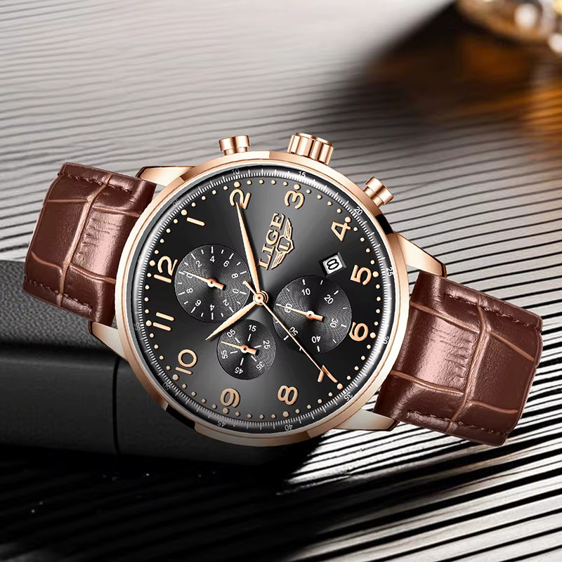 LIGE Chronograph, Quarz, Leder, Schwarz, Herren - Bild 2