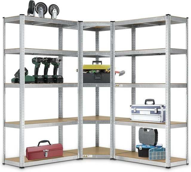 Juskys 3er Metall Regalsystem in Silber mit 1 Eckregal und 2 Lagerregalen aus Metall und MDF Holz, 15 verstellbare Böden, H: 180 cm, B: 40 cm, T: 40 cm - Bild 1