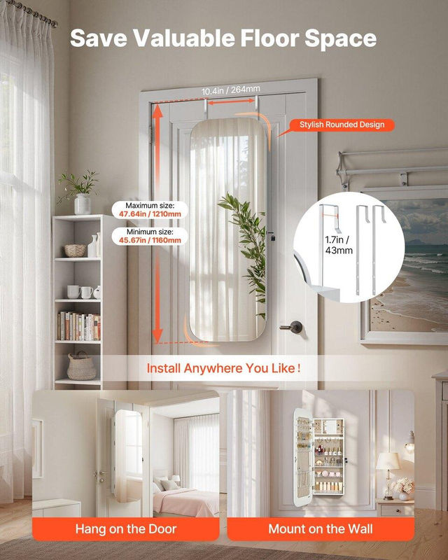 Schmuckschrank mit Ganzkörperspiegel von Buying Solutions, MB, Farbe Weiß, Wandmontage, abschließbar mit internen Schubladen, Höhe: 108,0 cm, Breite: 37,0 cm, Tiefe: 10,3 cm - Bild 3