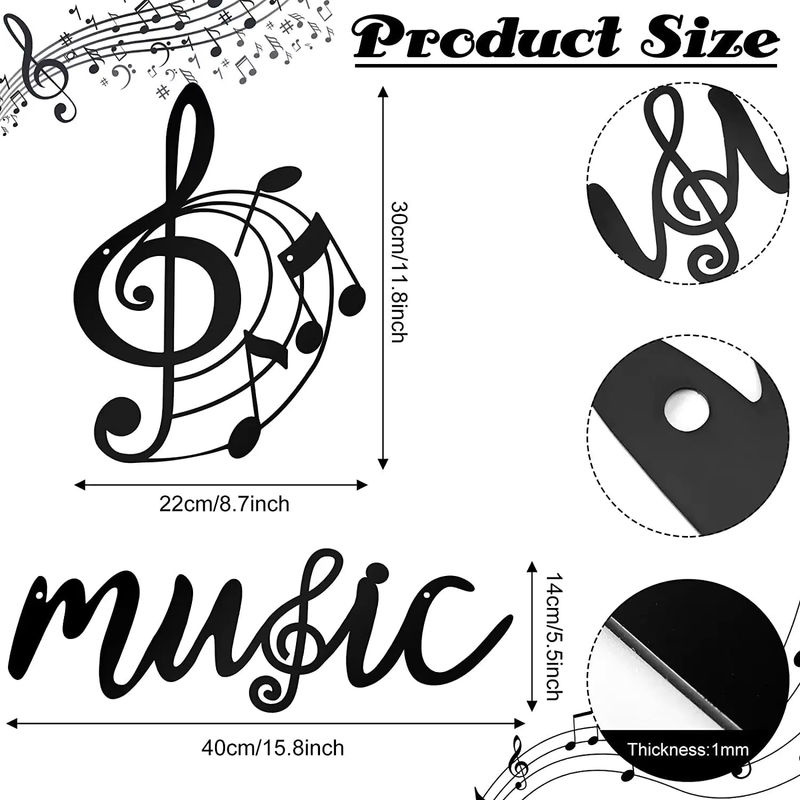 Hello young Musik Wanddekoration aus Metall mit Violinschlüssel und Musiknoten, Schwarz, 2er-Set - Bild 2