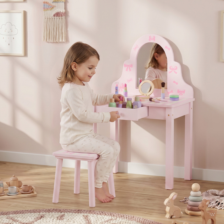 AIYAPLAY Kinder Schminktisch Set 2 in 1 Frisiertisch und Schreibtisch aus Holz mit Hocker und abnehmbarem Spiegel in Rosa und Weiß für Mädchen ab 3 Jahren - Bild 2