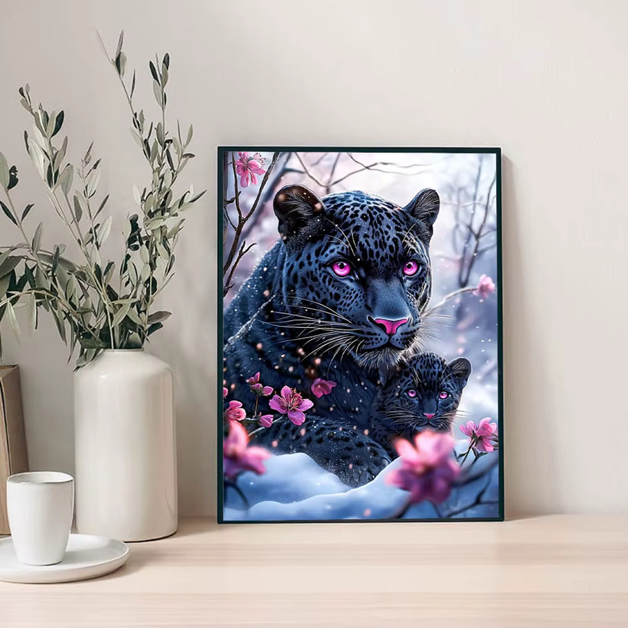 Huacan 5D DIY Diamantmalerei Set mit Leopard und Blumen in einer Winterlandschaft, Mosaik-Stickerei Kit für dein Home Decor, Mehrfarbig - Bild 3