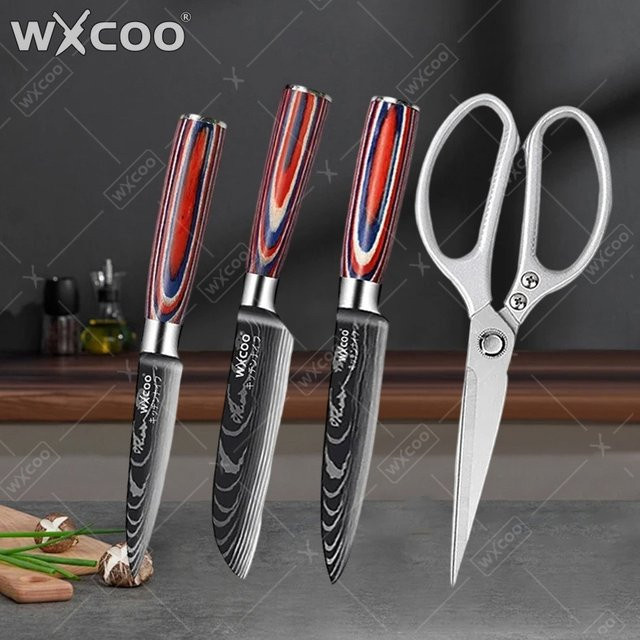 WXCOO Professionelles Kochmesser-Set mit Fleischbeil, Hühnerknochenschere und Japanischem Santoku-Messer, Mehrfarbig - Bild 1
