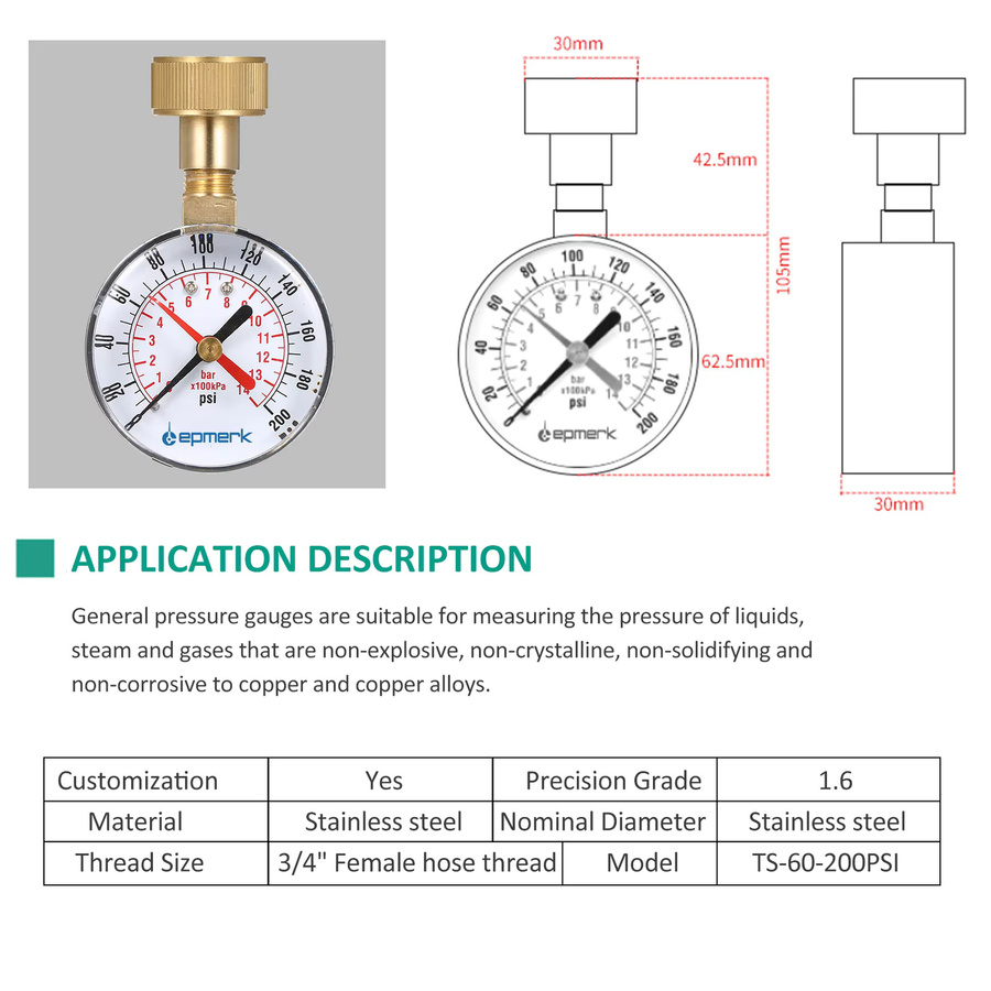 Lepmerk Druckmesser Wasserdruck-Prüfgerät mit 3/4'' Innengewinde und rotem Zeiger, 0-200 PSI - Bild 3