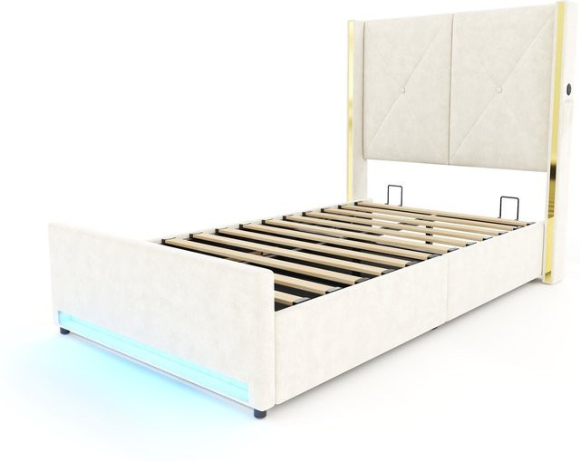 GOMYWAY Home Stoffbett mit gepolstertem Kopfteil und USB-Ladeport in Beige, B/T/H: 100 x 213 x 141 cm - Bild 1