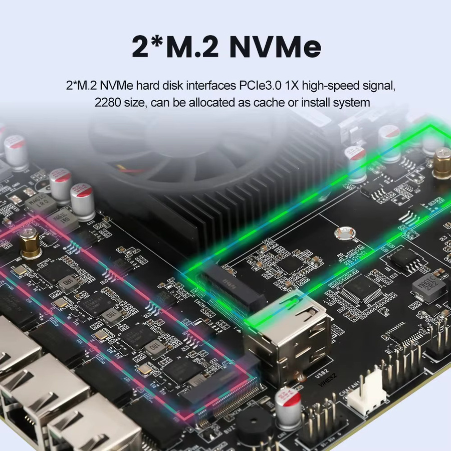 YiHESZ N6005 Industrie-Motherboard für NAS mit 4 Kernen, 4 Threads, 4x 2.5G i226 Netzwerk, 2x M.2 NVMe und 6x SATA in Schwarz - Bild 3