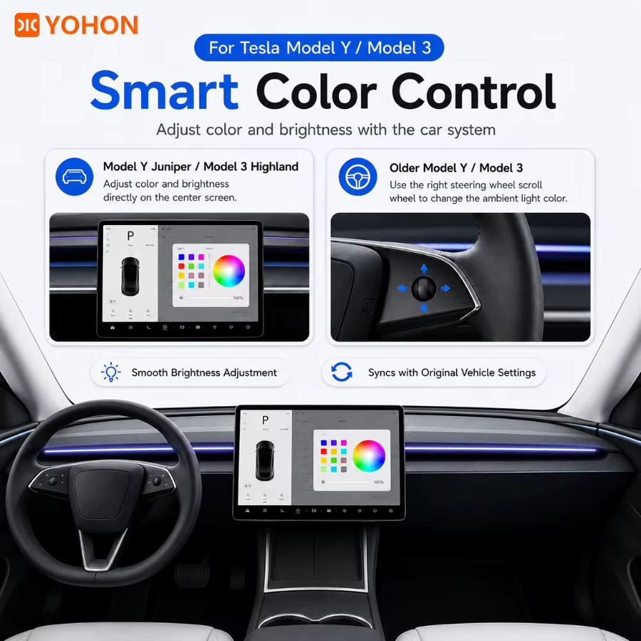 YOHON Smart Ambiente-Lichtleiste für Tesla Model Y und Model 3 (2021-2026) mit RGB LED-Streifen, Totwinkel-Warnung und Geschwindigkeitsalarm, Multicolor - Bild 2