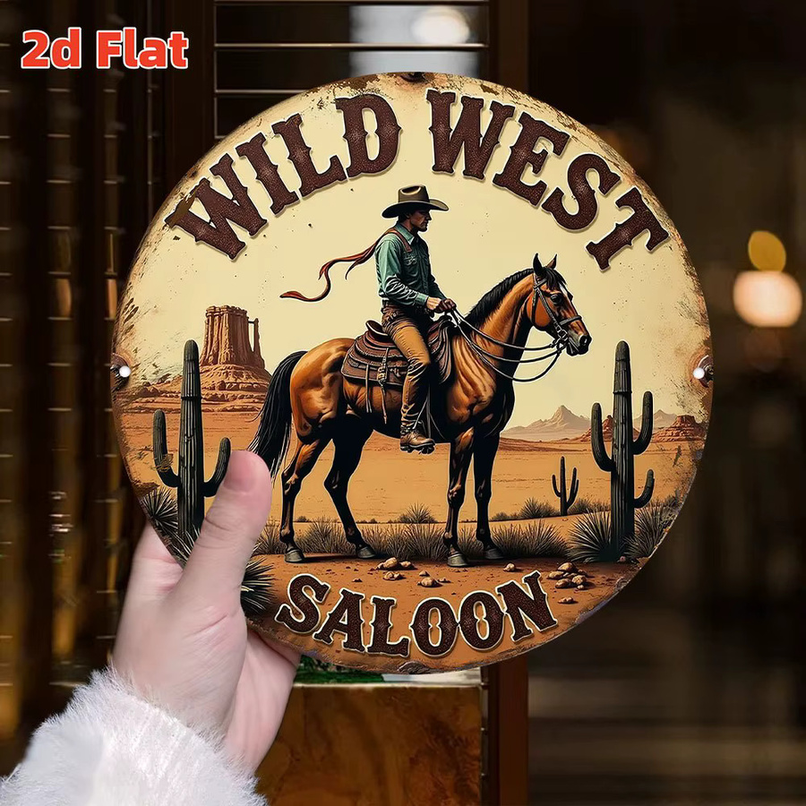 Rundes Wandkunstschild Wild West Saloon von Potdemiel – Rustikale Cowboy- und Pferdewüstenszene mit Kakteen aus Metall, Mehrfarbig, Durchmesser: 19,79 cm - Bild 3