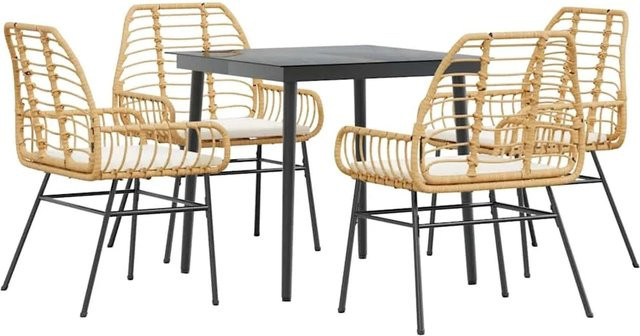 vidaXL 5-teilige Garten-Essgruppe aus Poly Rattan mit Glasplatte und Kissen in Braun und Cremeweiß - Bild 1