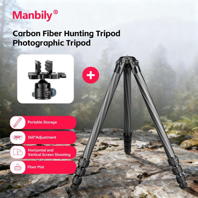 Manbily Carbonfaser-Jagdstativ mit 44mm Kugelkopf in Schwarz, Höhe: 63,5 Zoll, Modell WZ-324+BH-U3 - Bild 1