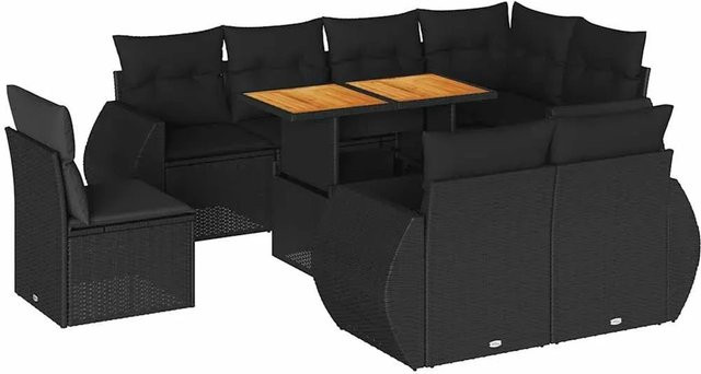 vidaXL 9-tlg. Garten-Sofagarnitur in L-Form aus schwarzem Poly-Rattan mit Kissen und Akazienholz - Bild 1