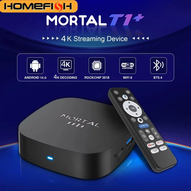 HOMEFISH Smart TV Box T1+ Media Streamer mit Android 14, 4K Ultra HD, WiFi 6 und Bluetooth 5.4, Schwarz - Bild 1
