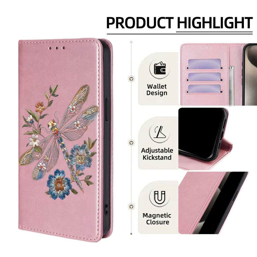 Samsung Handyhülle aus Leder mit Libellen-Blumenmuster in Grau für Galaxy S25 Ultra, S25 FE, S24, S23, S22 Plus, Flip und Galaxy A-Serie - Bild 3