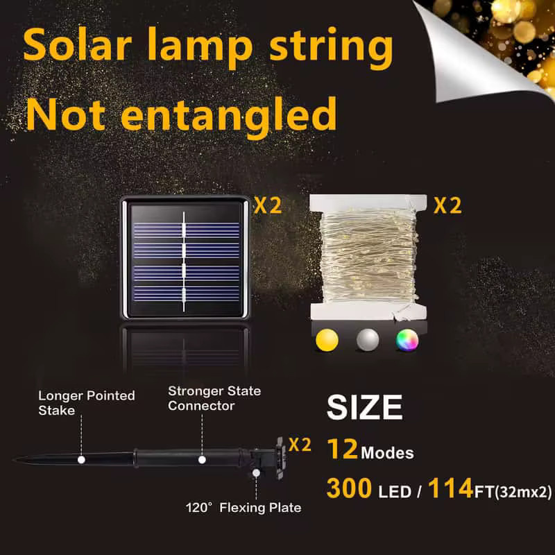 LEDOOR 2er-Pack Solar-Lichterkette für den Außenbereich mit 600 warmweißen LEDs und 64 m Gesamtlänge aus Kupferdraht - Bild 2