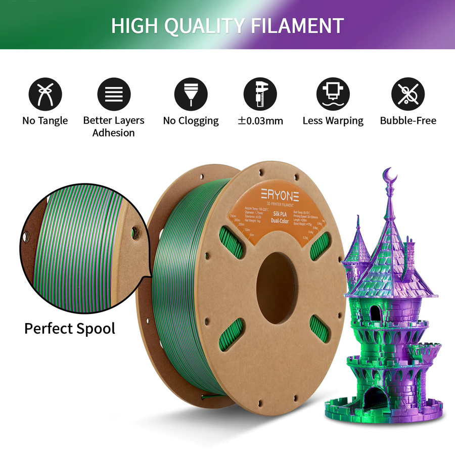 ERYONE Zweifarbiges Seiden-PLA-Filament für FDM 3D-Drucker, 1,75 mm, Multicolour Gold und Silber - Bild 1