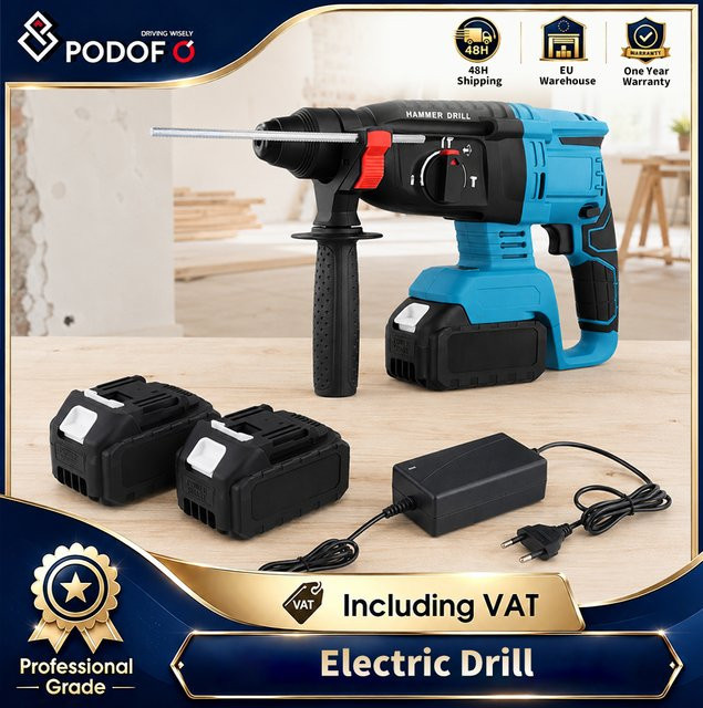 Podofo Bürstloser Elektrischer Bohrhammer 26mm Multifunktionaler Rotations-Akku-Bohrer Kompatibel mit Makita 21V Akku - Bild 1