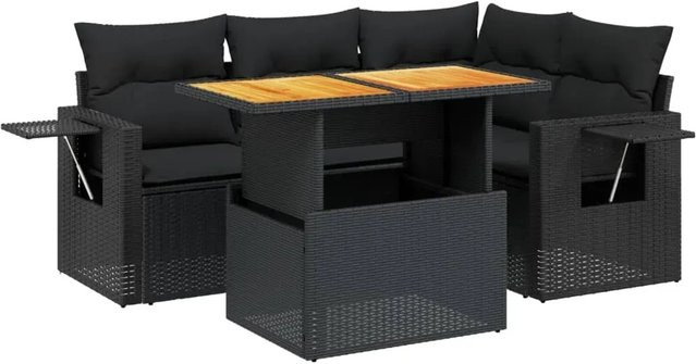 vidaXL 5-teilige Garten-Sofagarnitur in L-Form aus Polyrattan und Akazienholz mit Kissen, Schwarz - Bild 1