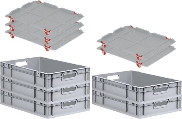 PROREGAL SparSet 5x Eurobox NextGen Grip mit Auflagedeckel in Grau mit 4 roten Schiebeschnappverschlüssen und verstärkten Wänden H x B x T: 12 x 40 x 60 cm - Bild 1