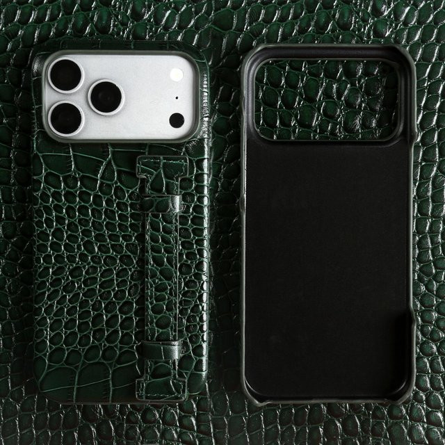 Echte Lederhülle mit Handschlaufe und Ständer im Krokodilmuster für Apple iPhone, Farbe: Grün - Bild 1