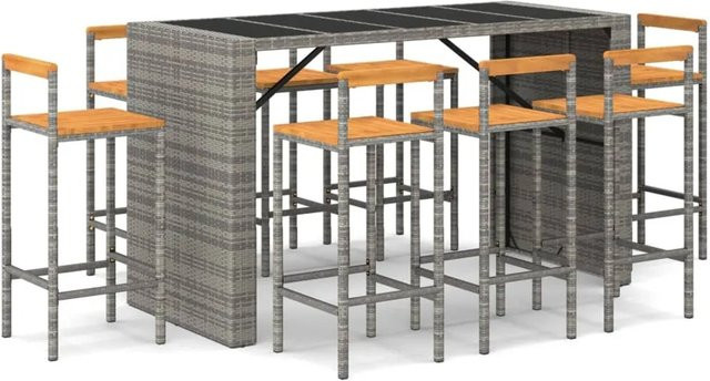 vidaXL 7-tlg Gartenbar-Set Modell 4 in Grau aus Poly Rattan, Akazienholz und Stahl mit Hartglas-Tischplatte - Bild 1