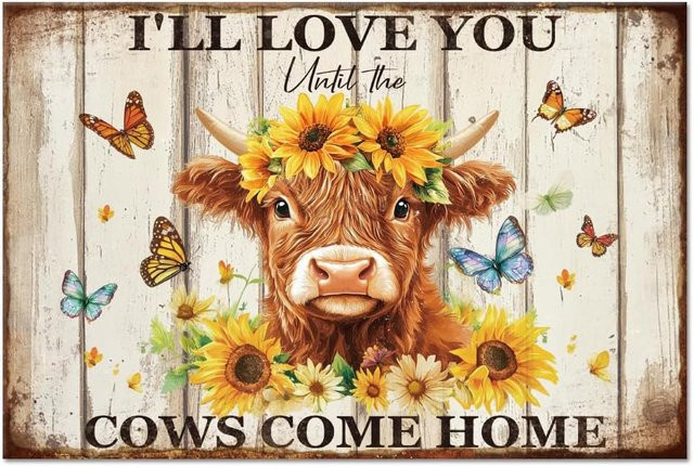 GLOBLELAND Highland-Kuh Metall-Blechschild im Vintage-Blumenmuster, Retro-Sonnenblumen-Wandposter, B/H: 20 x 14 cm, Mehrfarbig - Bild 1