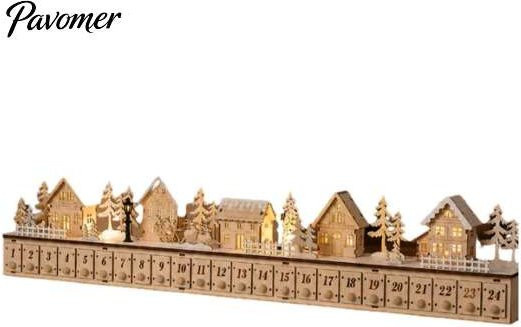 Aunel Adventskalender aus Holz für Kinder, beleuchtetes Weihnachts-Dorf mit 24 Schubladen, weiße LED-Feiertagsdekoration