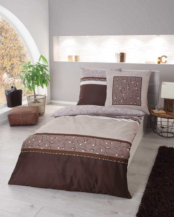 Joline 845 Bettwäsche-Set aus Mako-Satin in Braun, Streifendesign, reversible Bettwäsche mit Deckenbezug und Kissenbezug, B/T/H: 155 x 220 cm und 80 x 80 cm - Bild 1