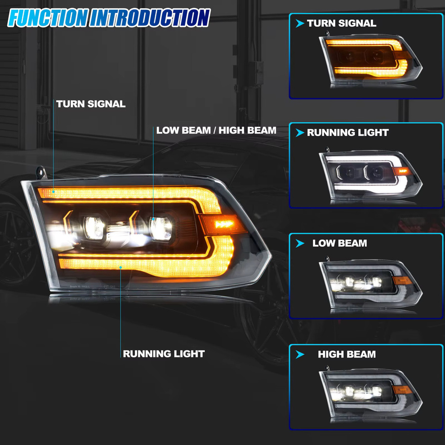 LED-Scheinwerfer für Dodge Ram 1500 2500 3500 4. Generation 2009–2018 mit Dual-Projektor, DRL und sequentieller Anzeige in Schwarz - Bild 2