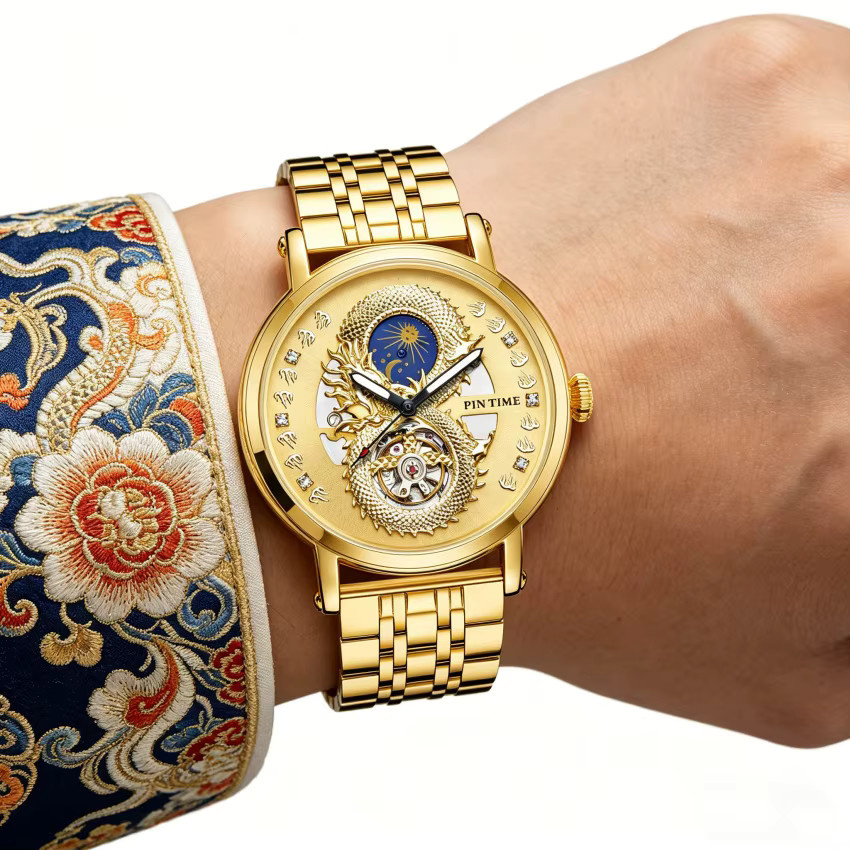 PINTIME Armbanduhr Gold, Automatik, Sonnen- und Mondphasen, Herren - Bild 4
