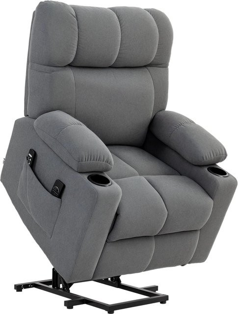 HOMCOM Fernsehsessel mit Aufstehhilfe und Massagefunktion in Grau, elektrisch verstellbarer Relaxsessel mit Armlehnen und Getränkehaltern, B/T/H: 95 x 91 x 109 cm - Bild 1
