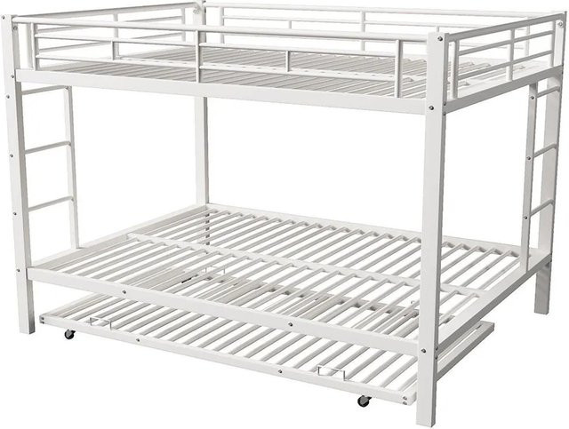 KOMHTOM Etagenbett für Kinder mit Ausziehbett und hohem Schutzgitter aus Metall in Weiß, B/T/H: 160,5 x 140 x 146 cm - Bild 1