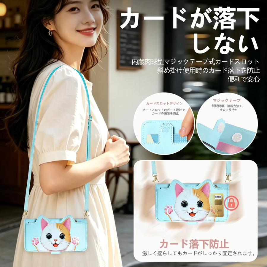 Cartoon Katzen Handyhülle für Google Pixel 11 10 Pro XL 9 Pro 8 7 Flip Lederhülle mit Handschlaufe, Umhängekordel und Kartenfach in Beige oder Blau - Bild 4