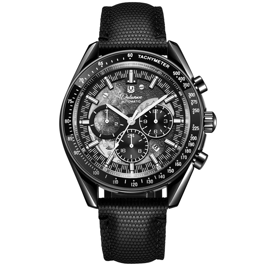 dulunwe Armbanduhr Automatik, Leder, Silber, Wochentag, Datum, Herren - Bild 2