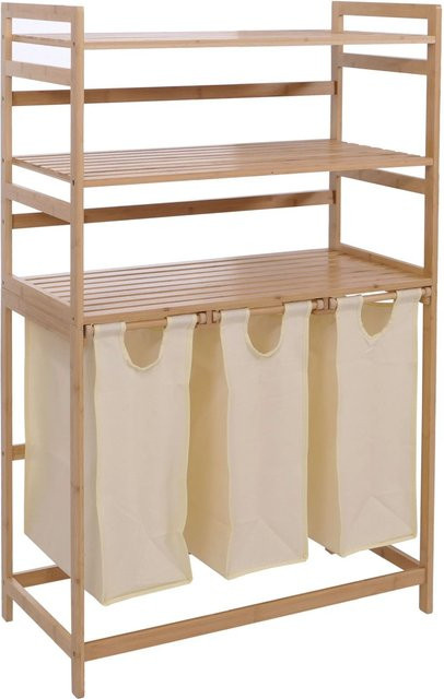 MCW Bambus Wäschesammler P78 Wäschesortierer mit 3 Ablagen, Beige, B: 125 cm, T: 40 cm, H: 80 cm - Bild 2