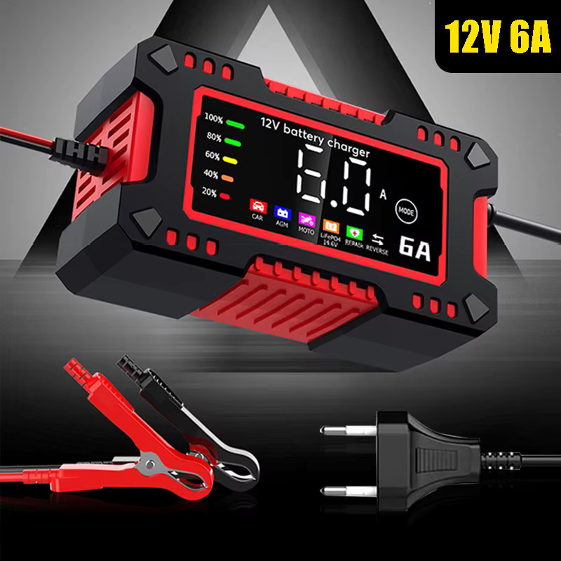 Smart Batterie Ladegerät für Auto und Motorrad mit Digital Display, 12V 6A, kompatibel mit LiFePO4, Blei-Säure, AGM und GEL Batterien, Schwarz - Bild 2