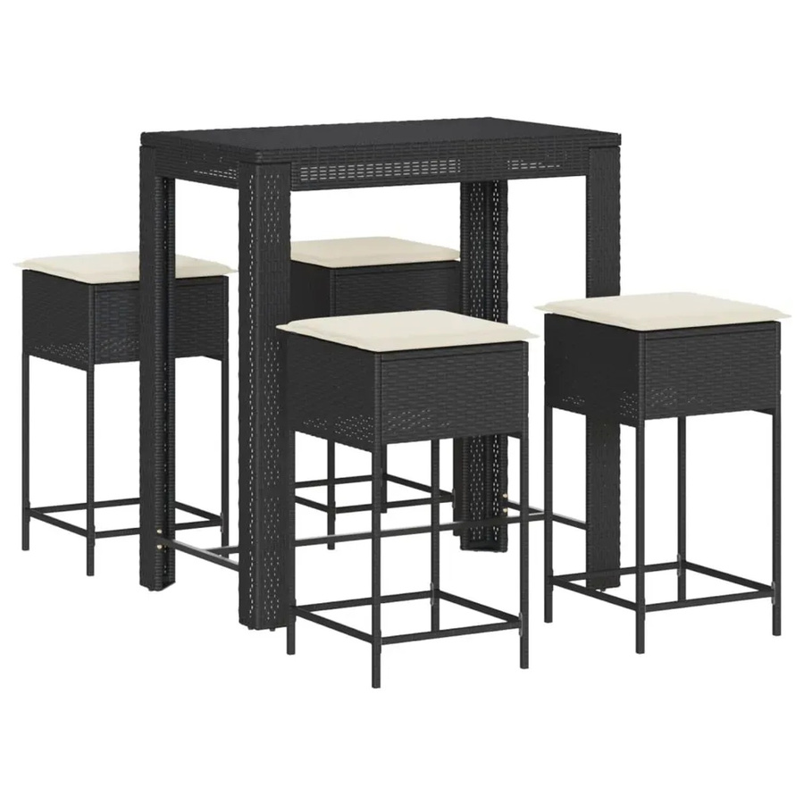vidaXL 5-teiliges Gartenbar-Set aus Poly-Rattan mit Kissen in Schwarz, B/T/H: 110,5 x 60,5 x 60,5 cm - Bild 2
