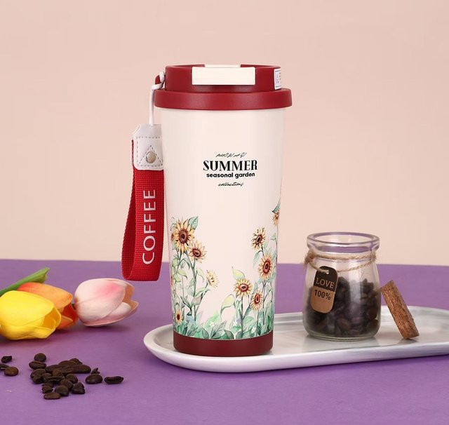 Yiran Furniture Edelstahl-Kaffeebecher mit Vakuumisolierung und Trageseil, 530 ml, in Pink, Purple, Weiß oder Rot - Bild 1
