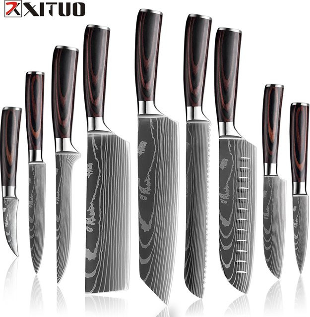 Xituo Profi Küchenmesser Set aus Edelstahl in Silber mit ergonomischen Holzgriffen, 1-9 Stück bestehend aus Kochmesser, Santoku und Obstmesser - Bild 1