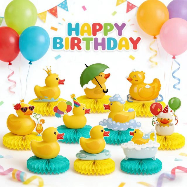 5-teiliges Set gelbe Enten-Tischdekoration aus Papier von Potdemiel für Geburtstagsfeiern und Kinderpartys - Bild 1