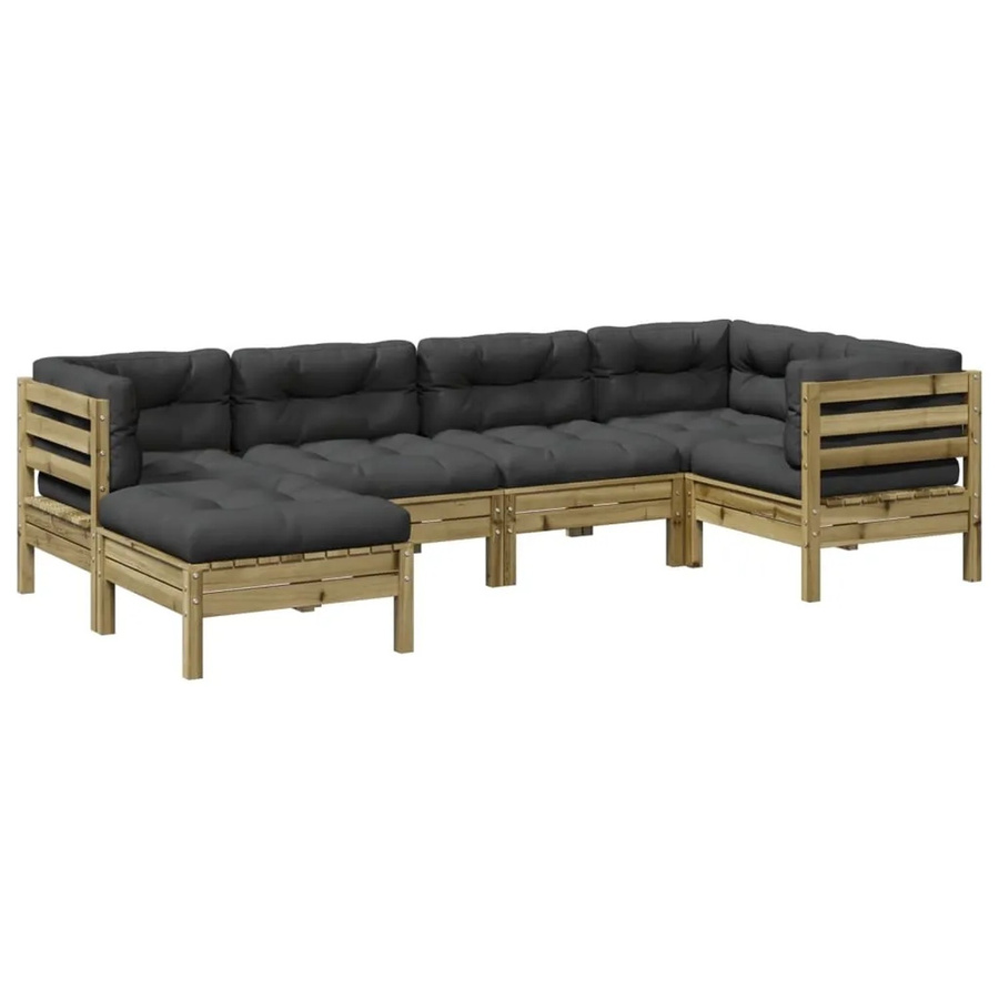 vidaXL 6-tlg Garten-Sofagarnitur aus imprägniertem Kiefernholz in L-Form mit Polsterkissen und Ottoman in Anthrazit/Grau - Bild 2