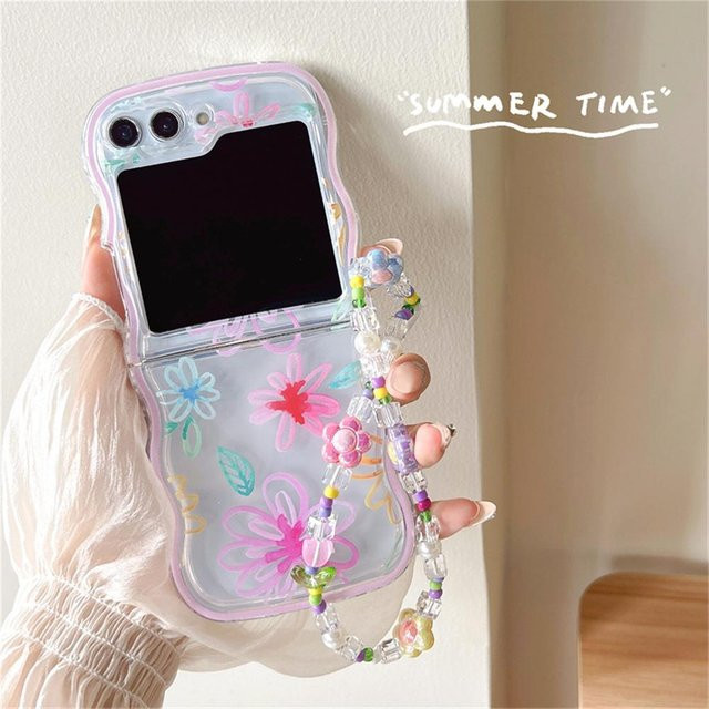Samsung Galaxy Z Flip 6 5 4 3 Handyhülle mit Cartoon-Blumen-Design und Perlen-Handgelenkband in Multicolour und Transparent - Bild 1